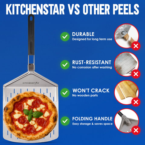 KitchenStar peel sliding a pizza into a home oven for smoother transfers