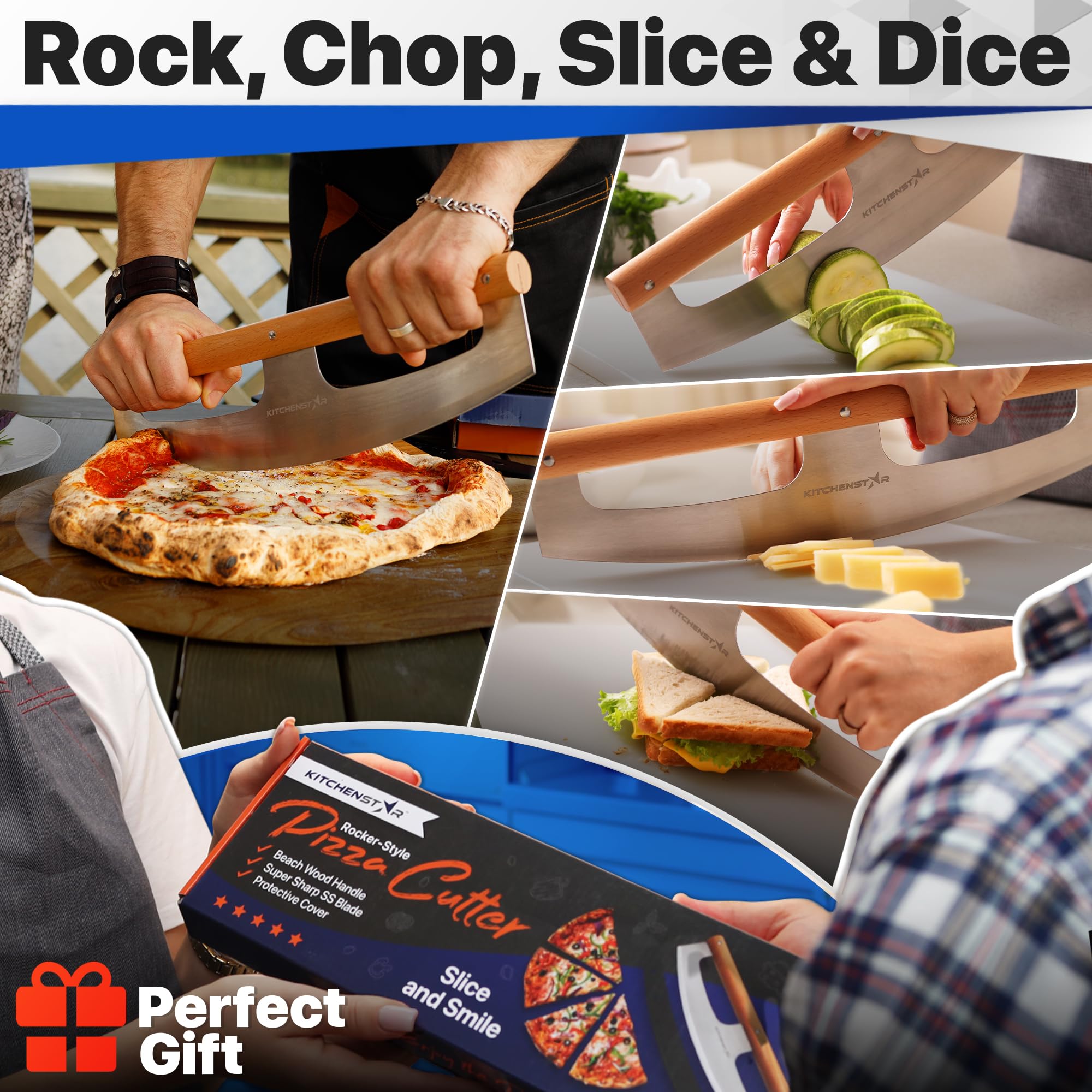 KitchenStar size comparison beside a whole pizza showing full-width coverage