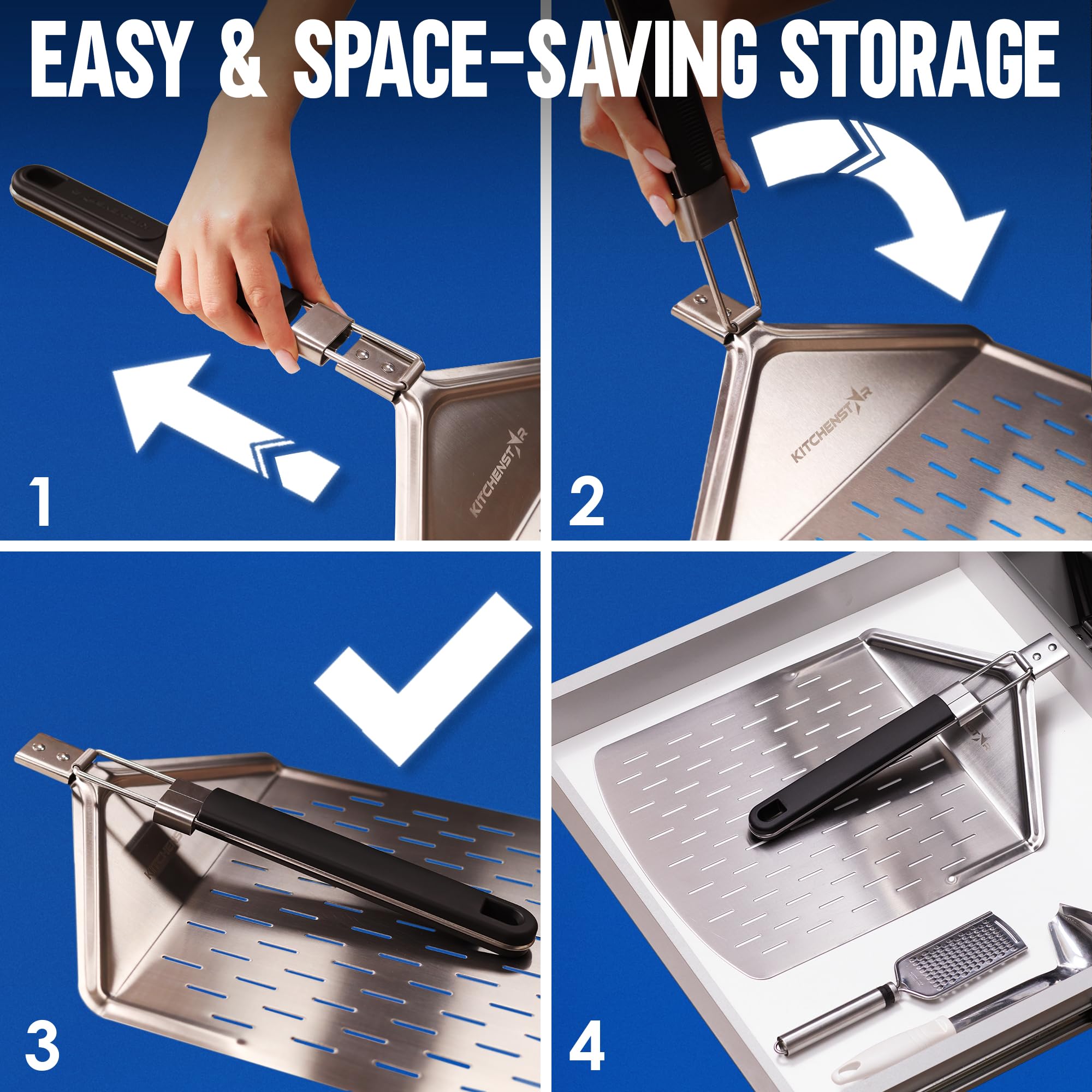 KitchenStar peel next to a baking pan showing 12-inch scale and fit