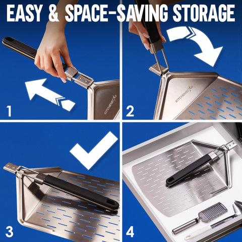 KitchenStar peel next to a baking pan showing 12-inch scale and fit