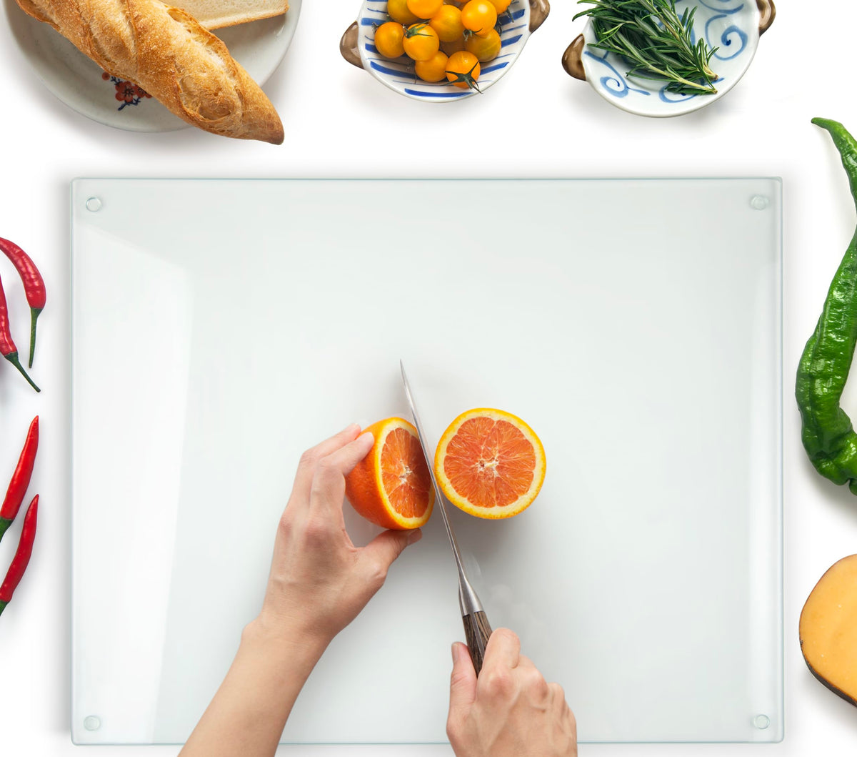 Kitchenville front view of clear tempered glass cutting board showing sleek surface and size benefits