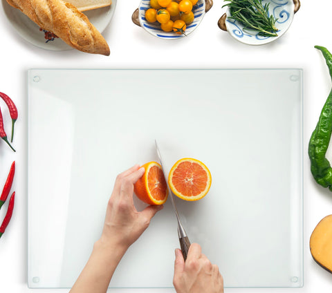 Kitchenville front view of clear tempered glass cutting board showing sleek surface and size benefits