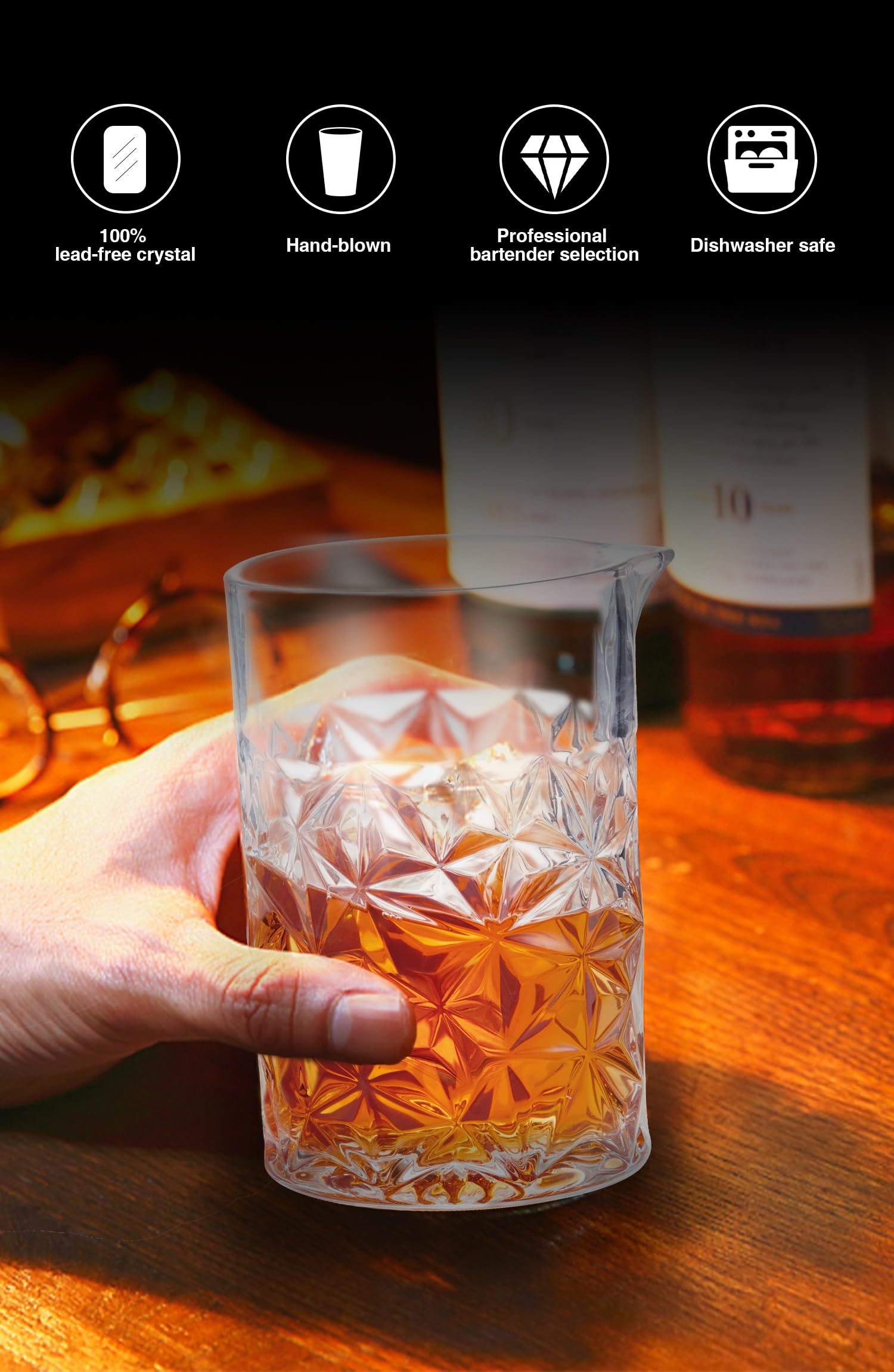 KITESSENSU glass in use stirring a Manhattan highlighting smooth mixing and presentation