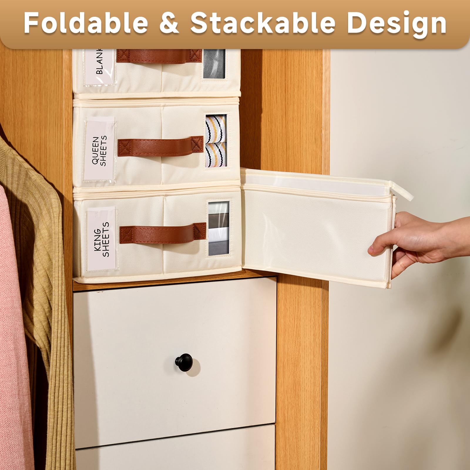KitHero stacked organizers in a closet to save space and stay organized