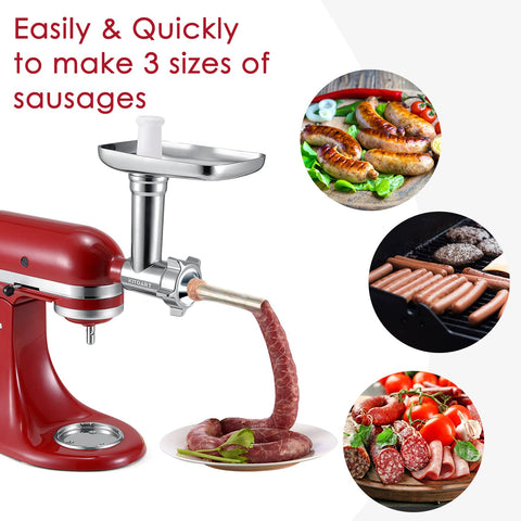 KITOART grinding meat in a KitchenAid mixer demonstrating efficient hands-free grinding