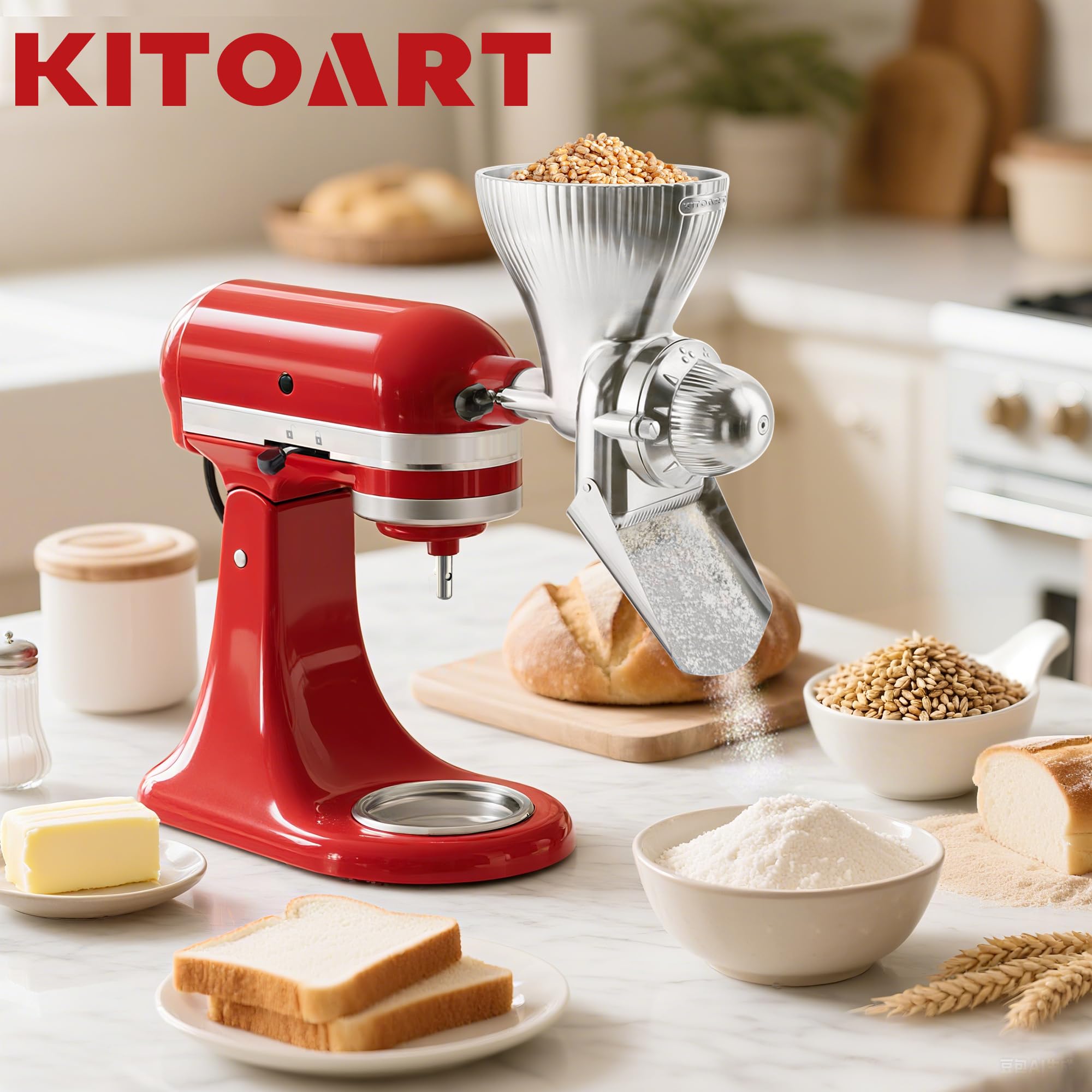 KITOART mill in a kitchen baking scene showing fresh flour use and homemade bread