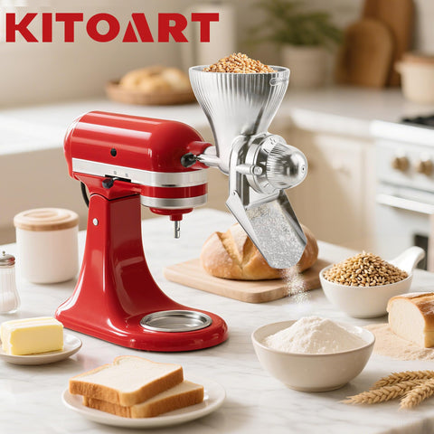 KITOART mill in a kitchen baking scene showing fresh flour use and homemade bread