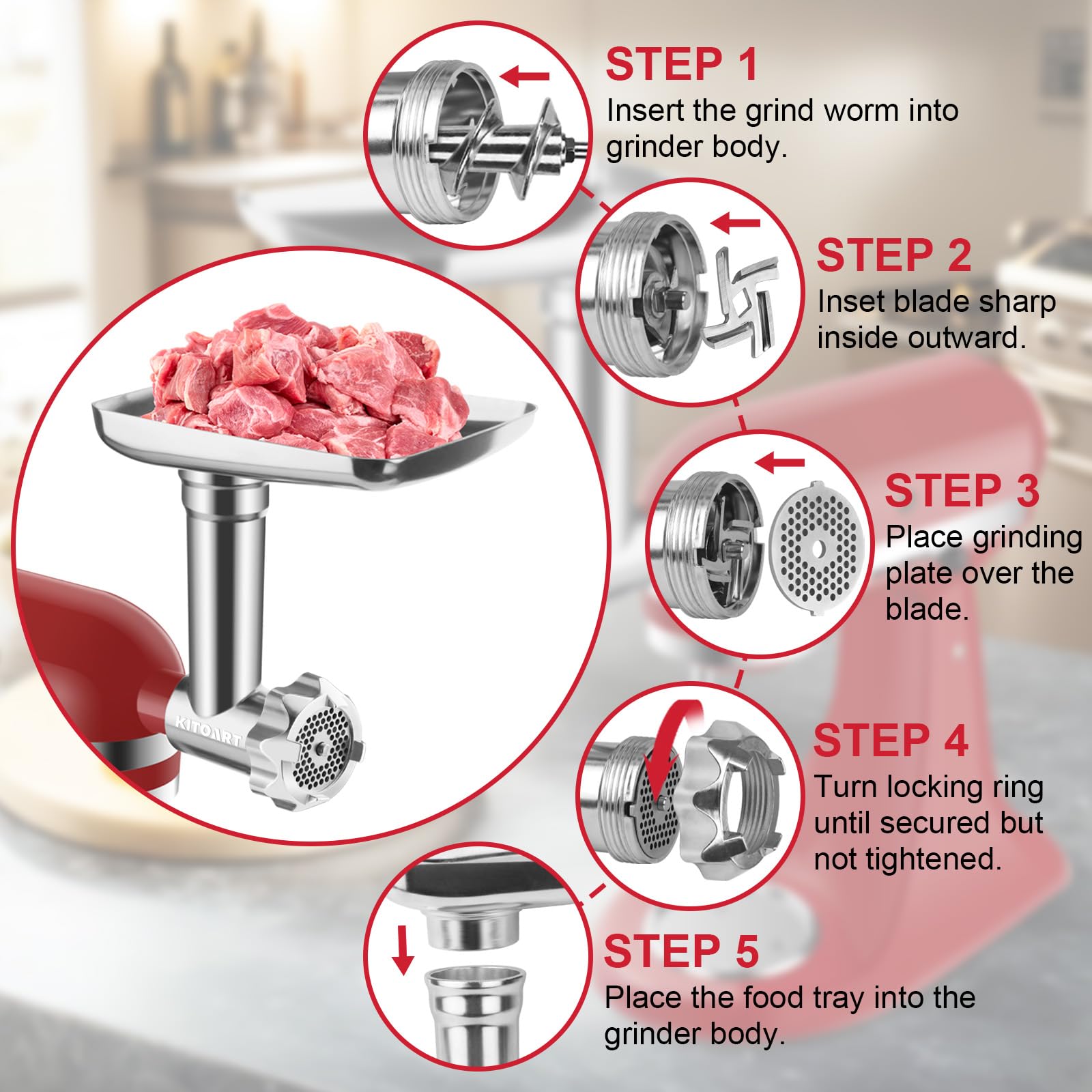 KITOART sausage stuffer tubes arranged, customizable sausage size benefit