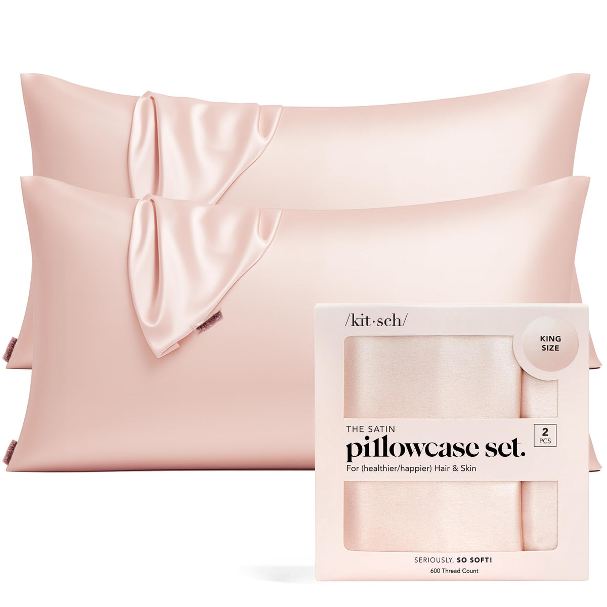 Kitsch blush front packaging showing two king-size satin pillowcases and benefits