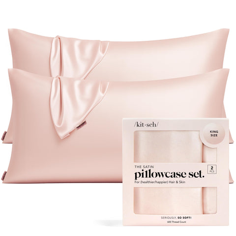 Kitsch blush front packaging showing two king-size satin pillowcases and benefits
