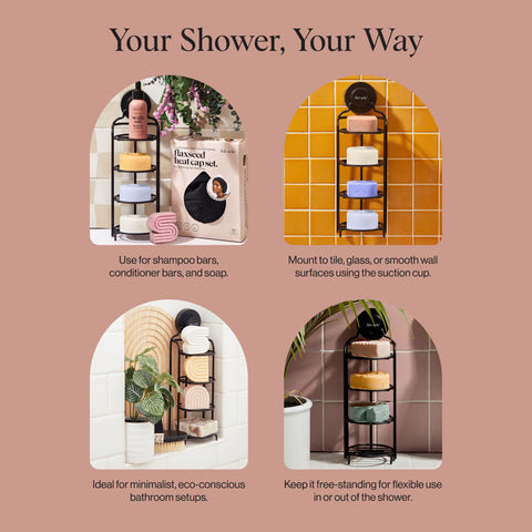 Kitsch in-shower lifestyle showing organized bottles and accessible grooming items