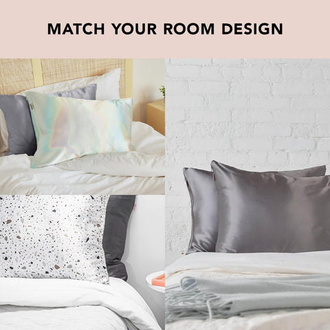 Kitsch styled bed with charcoal satin pillowcases conveying cool comfort and elegant bedding
