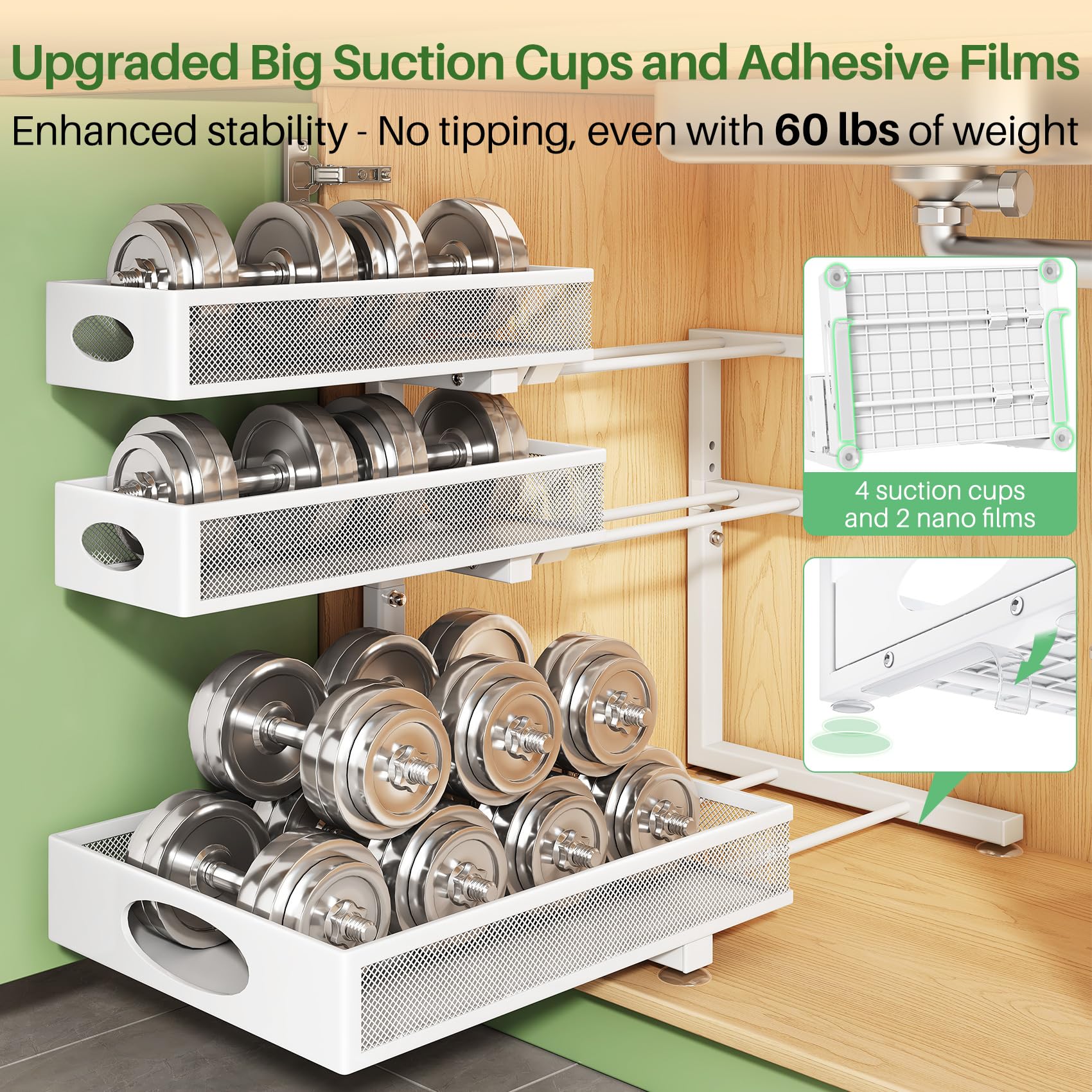 Kitstorack organized shelves with bottles and cleaners for quick access benefit