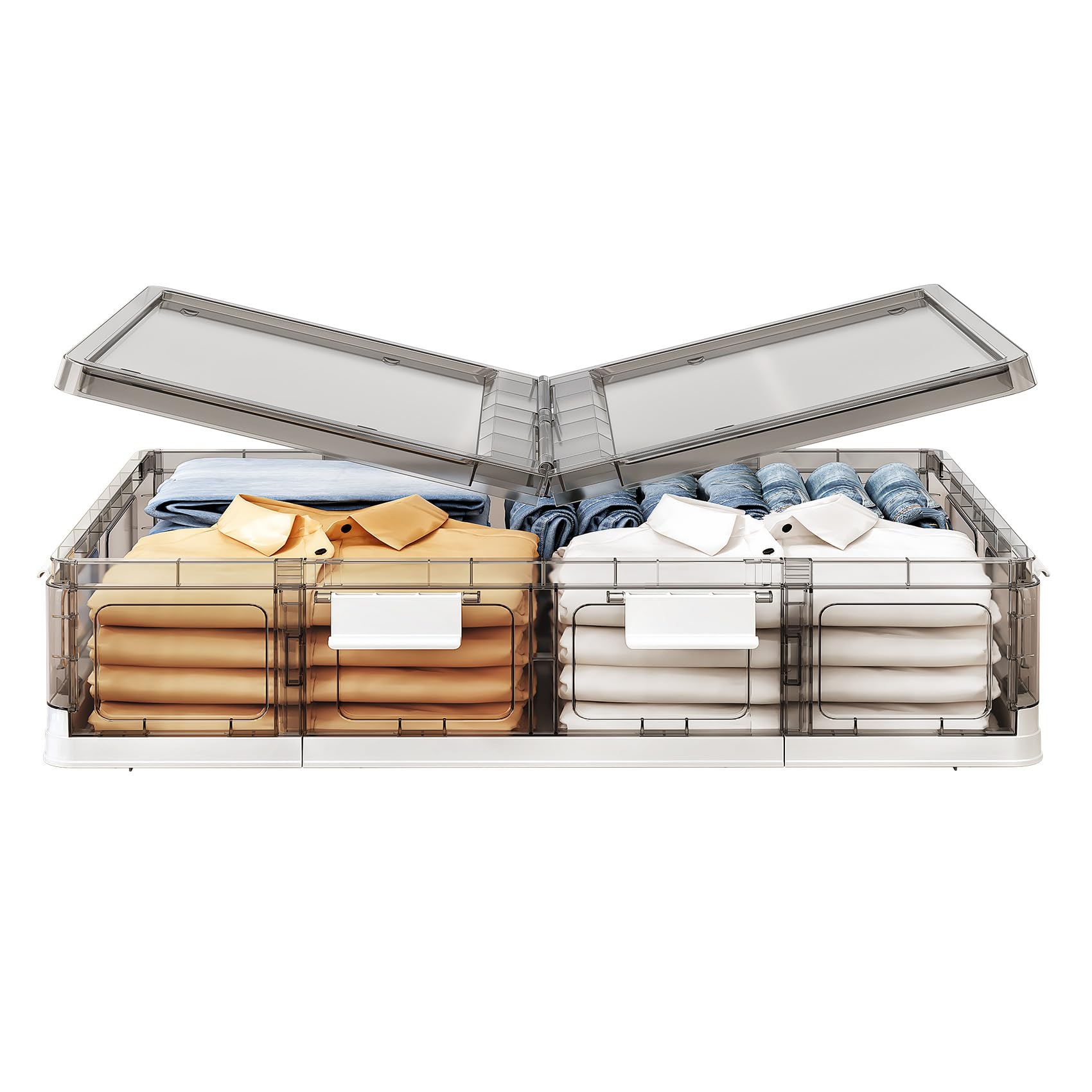 Kitstorack front view of clear under bed box showing compact footprint and lid benefit
