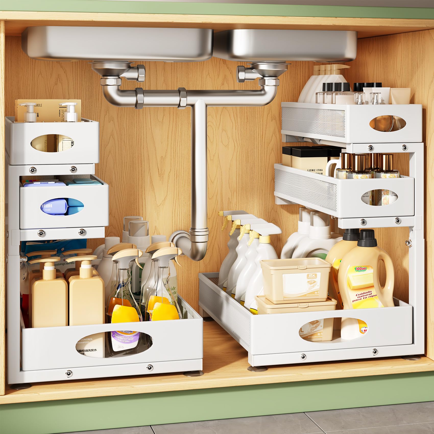Kitstorack front view of two-pack under-sink organizers showing compact footprint and capacity