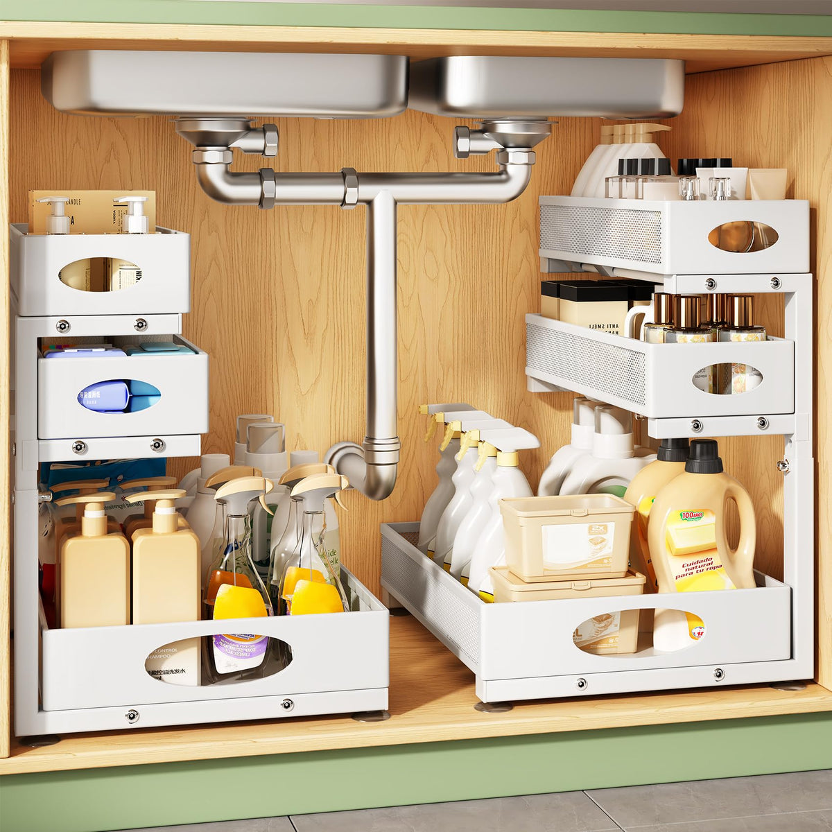 Kitstorack front view of two-pack under-sink organizers showing compact footprint and capacity