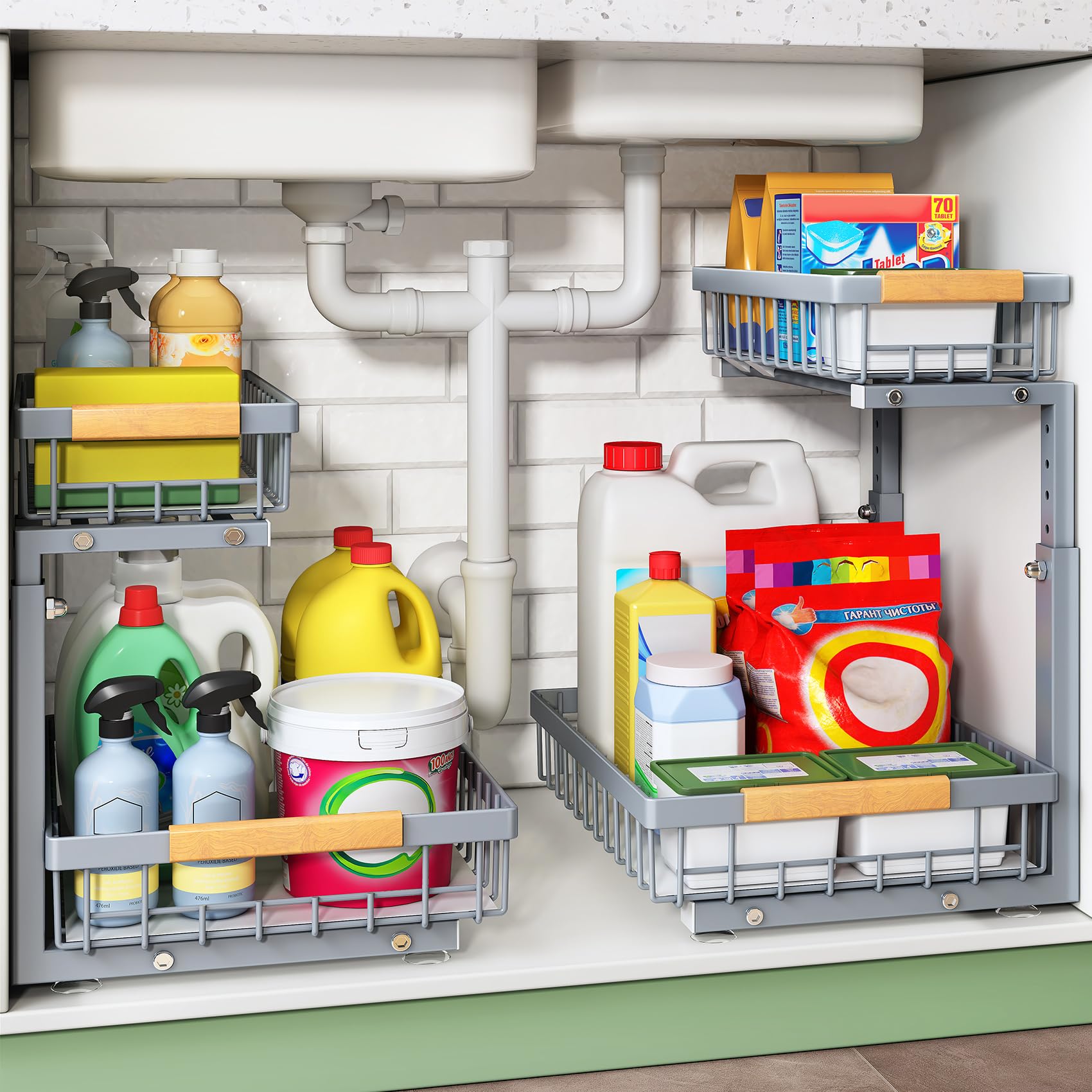 Kitstorack front view showing two-tier grey organizer and clean layout benefit