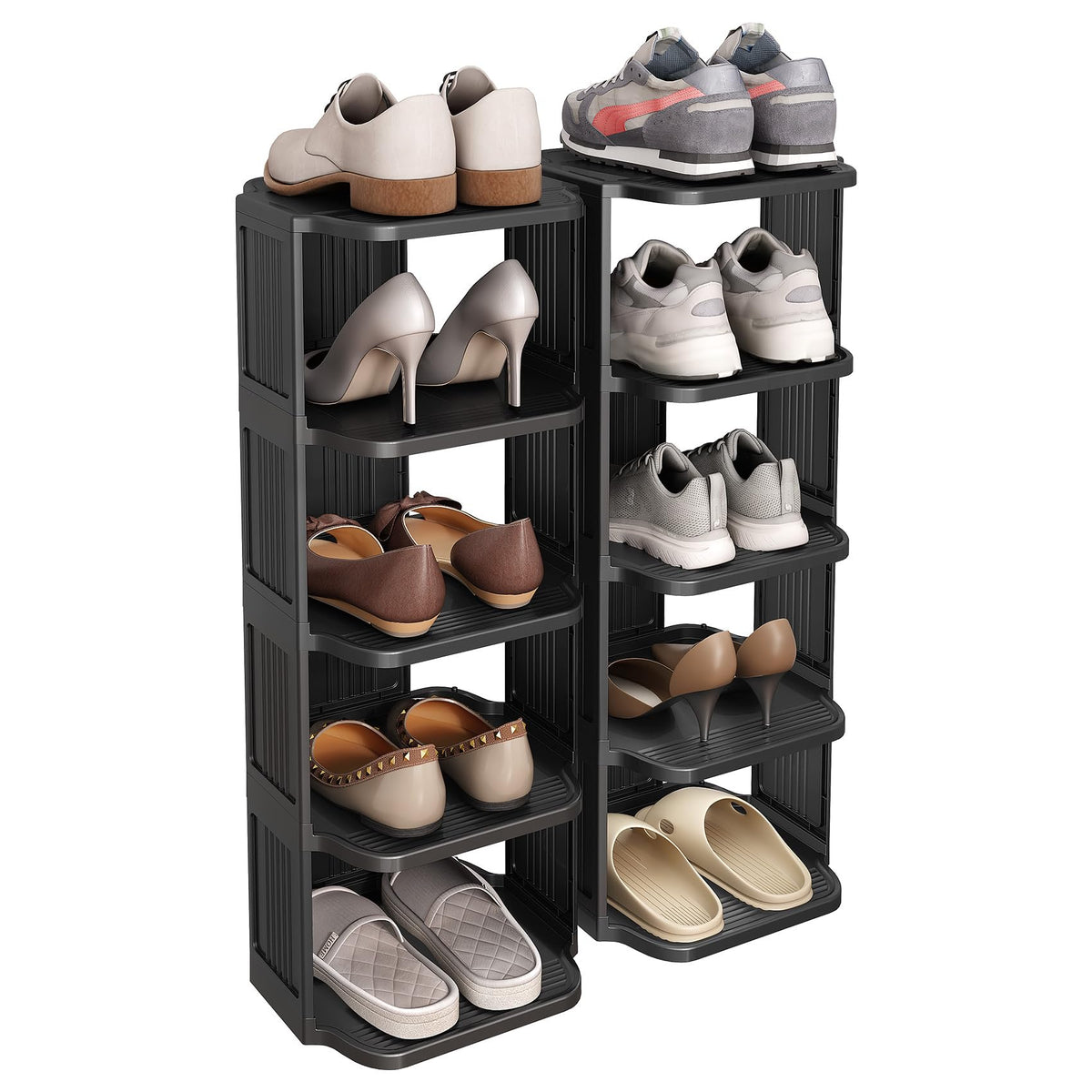 Kitstorack front view of assembled rack showing tidy shoe display benefit