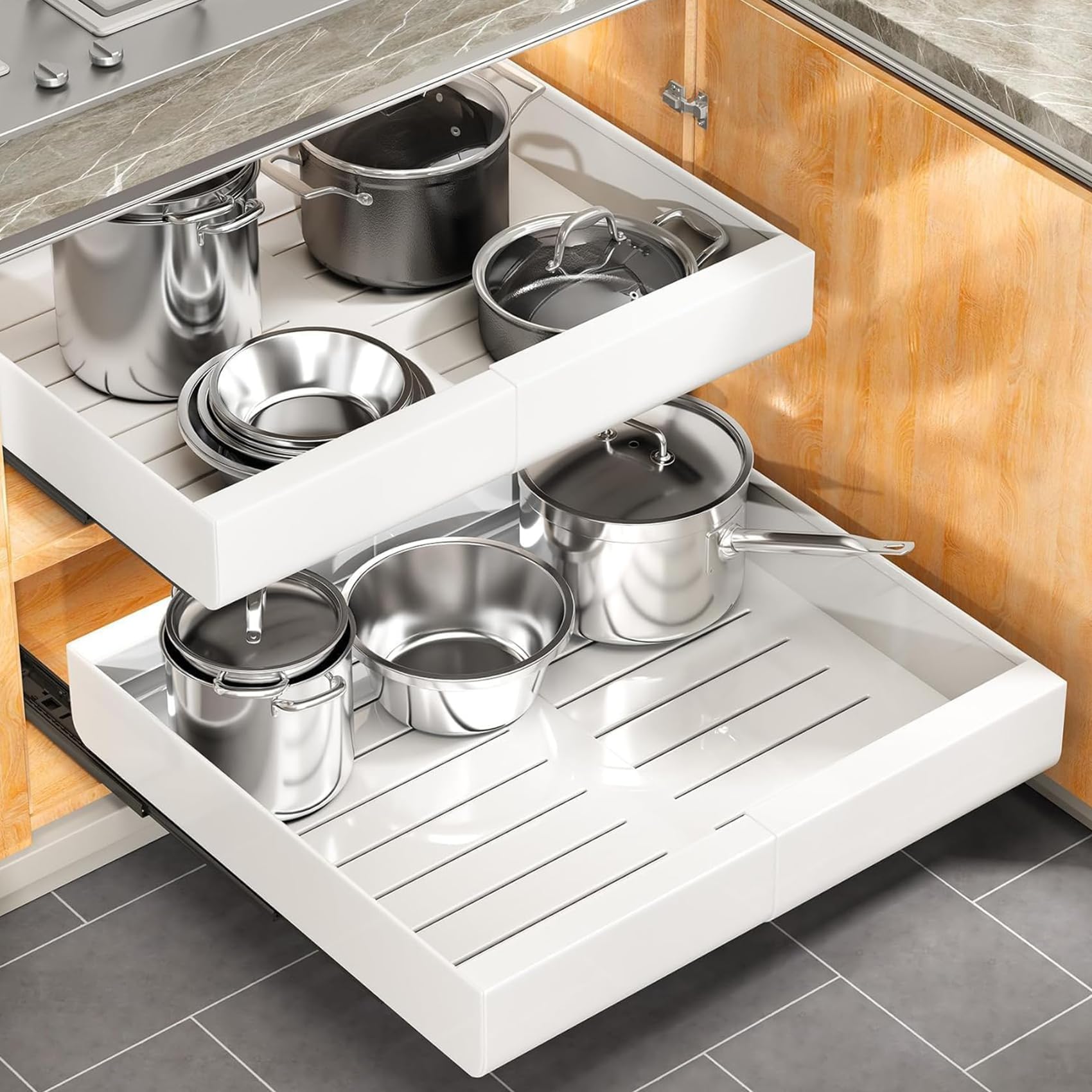 Kitstorack front view showing installed pull-out drawer and tidy cookware benefit