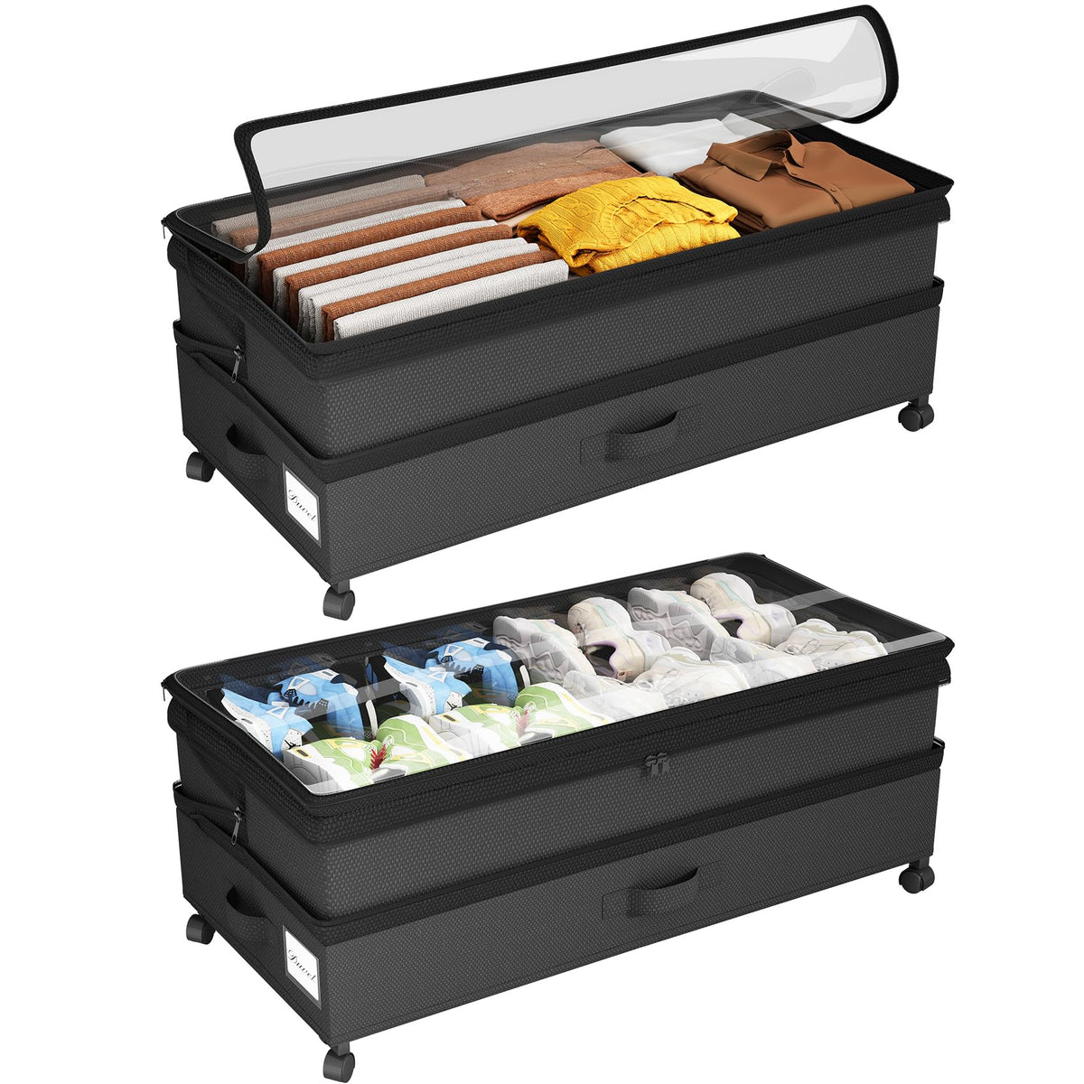 Kitstorack front view showing both black storage boxes and neat bedroom benefit