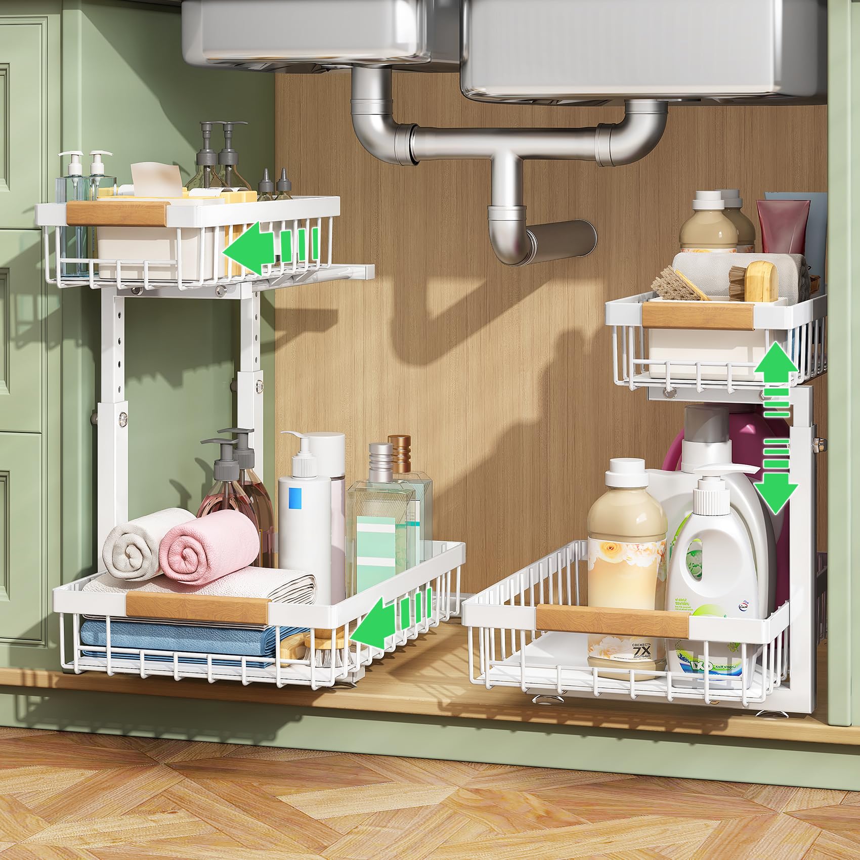Kitstorack front view showing organized white two-tier shelves and easy access benefit