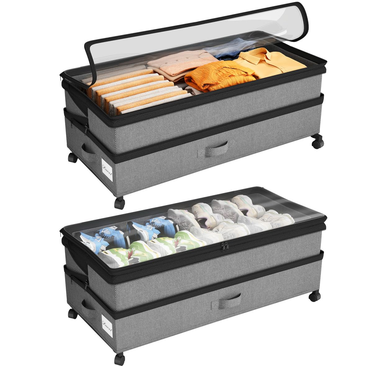 Kitstorack front view showing two gray under bed drawers and easy access benefit