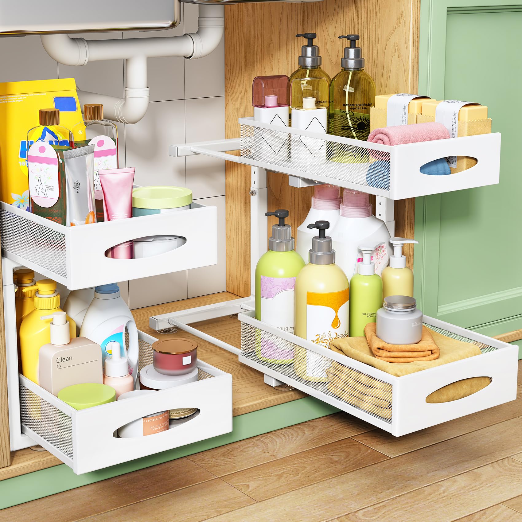 Kitstorack front view showing two-tier organizer and clean storage benefit
