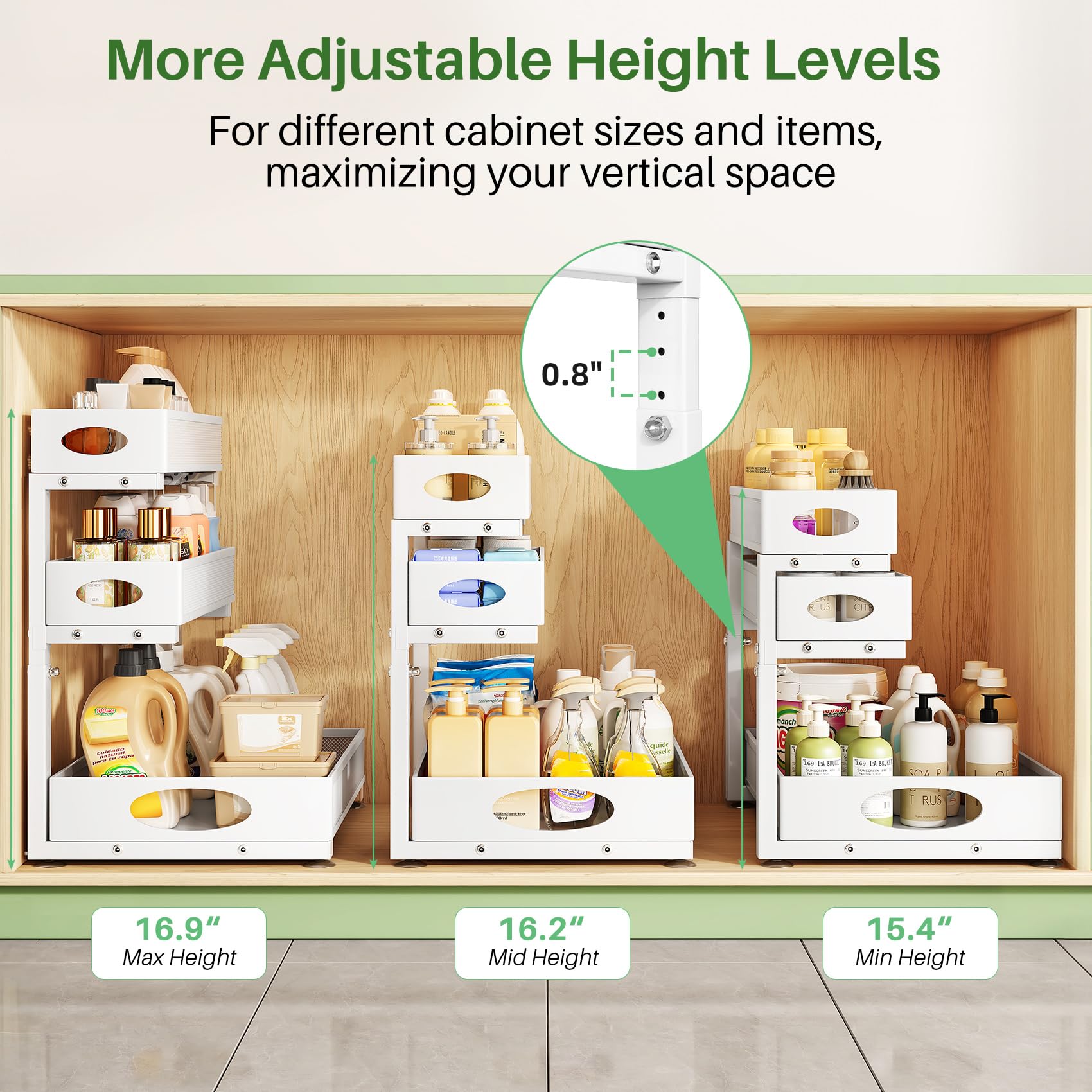 Kitstorack adjustable-height setting demo showing flexibility for tall bottles