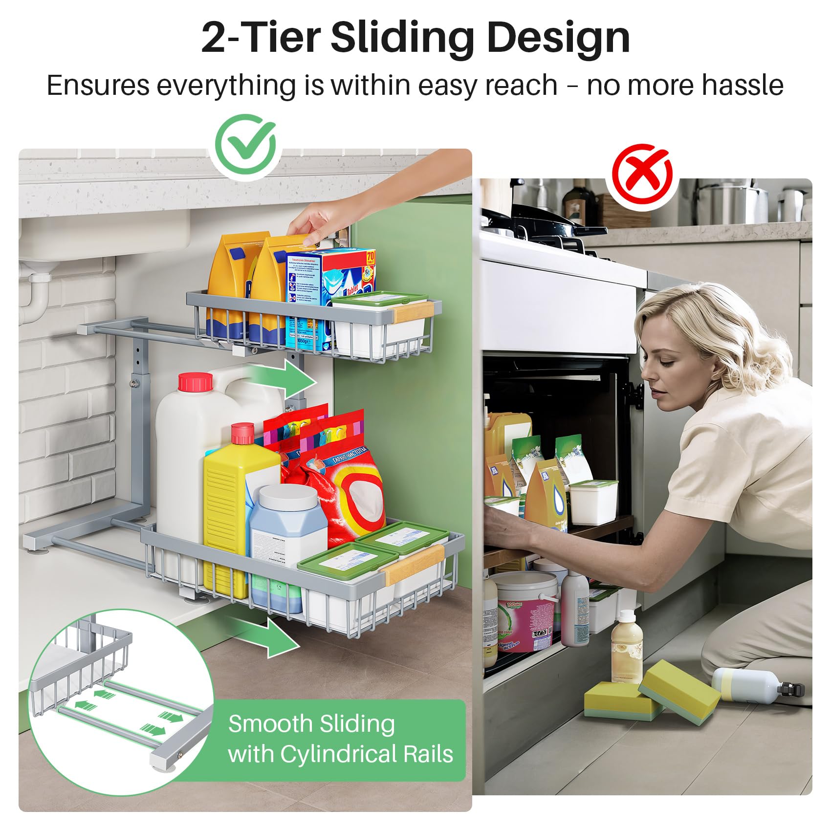 Kitstorack in use pulling a bottle forward for easier reach and convenience benefit