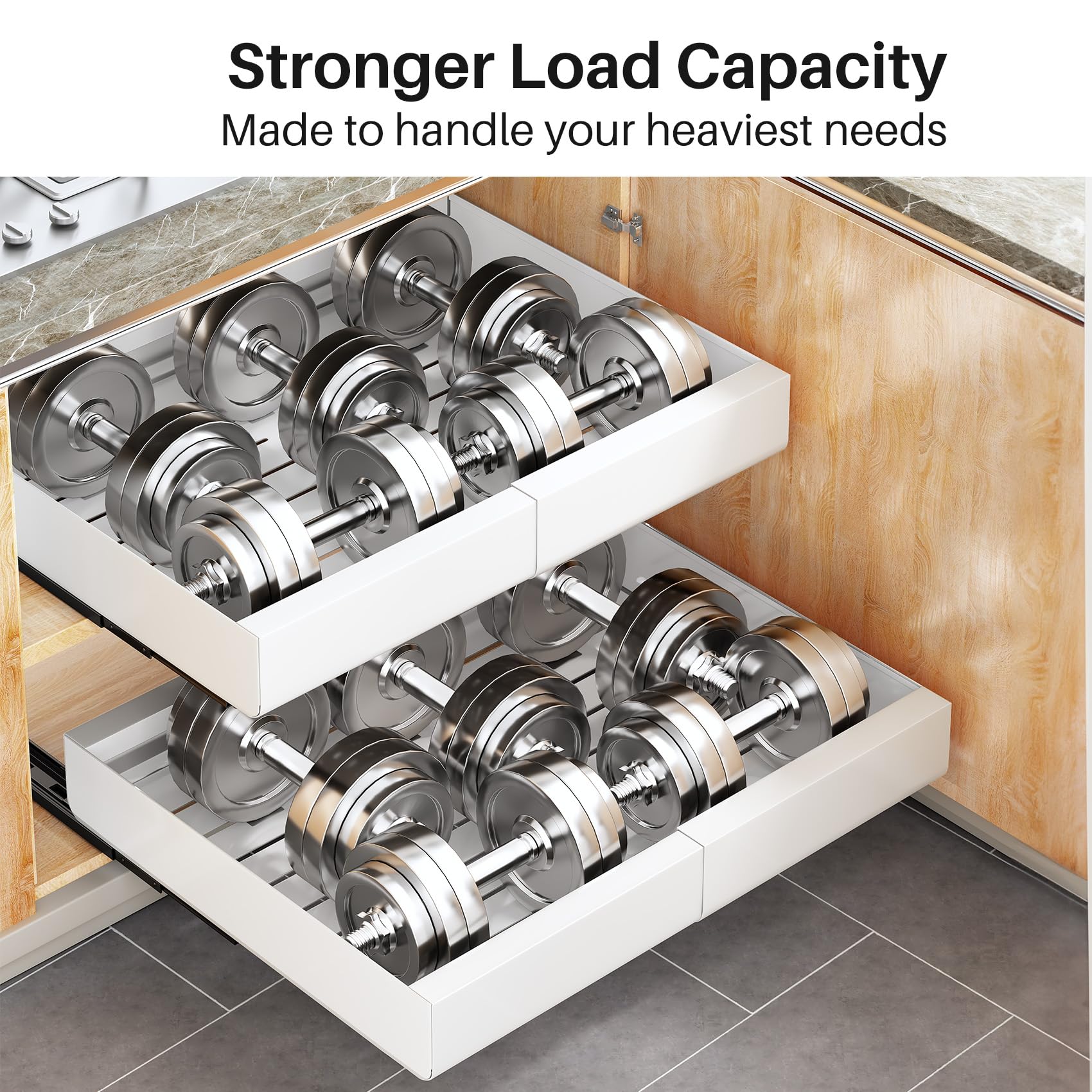 Kitstorack installed inside a base cabinet illustrating easy access and improved storage visibility