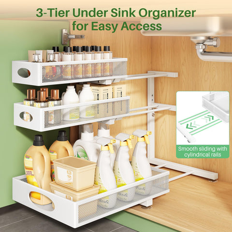Kitstorack installed under sink showing how it organizes cleaning supplies efficiently