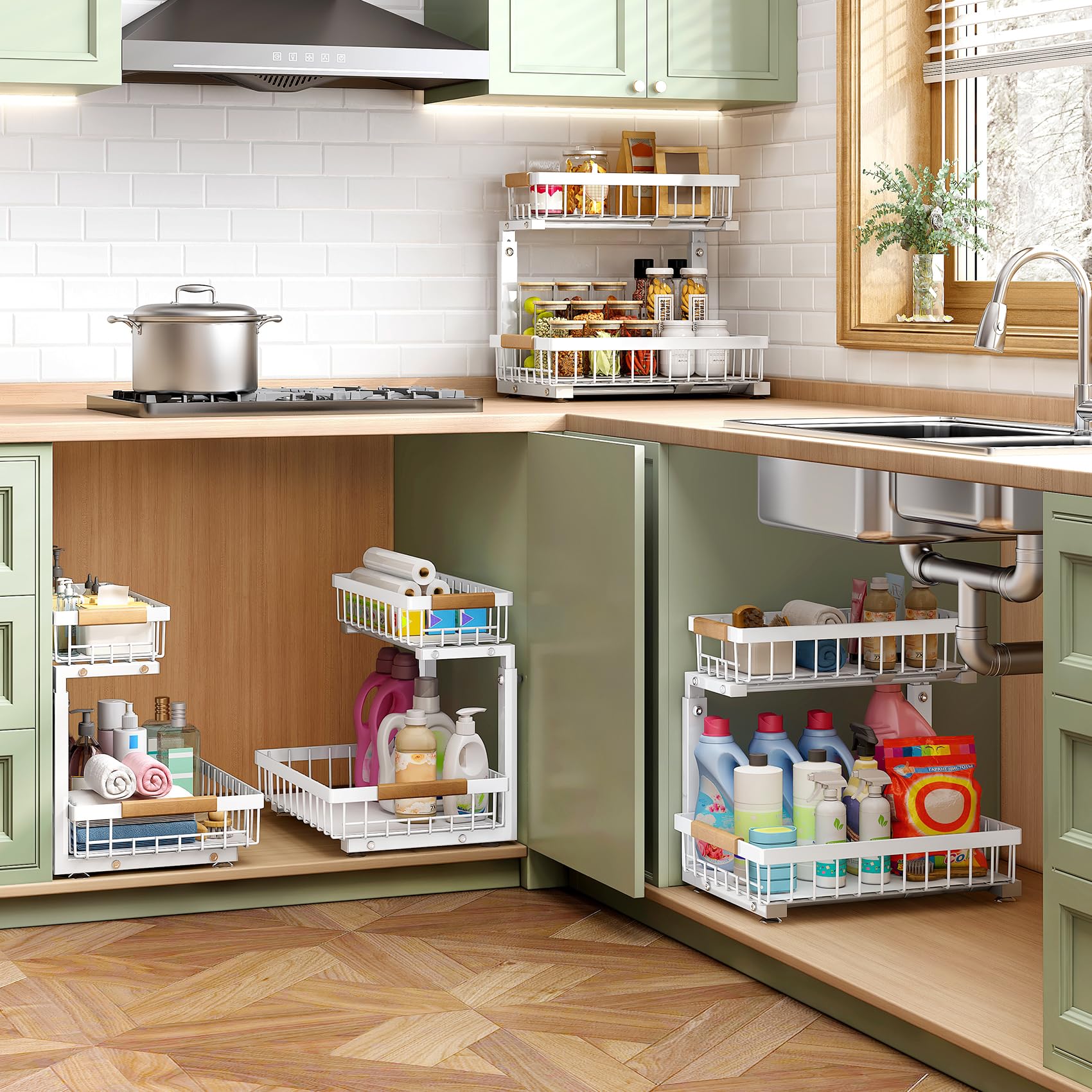 Kitstorack installed under kitchen sink in lifestyle scene for organized cabinet benefit