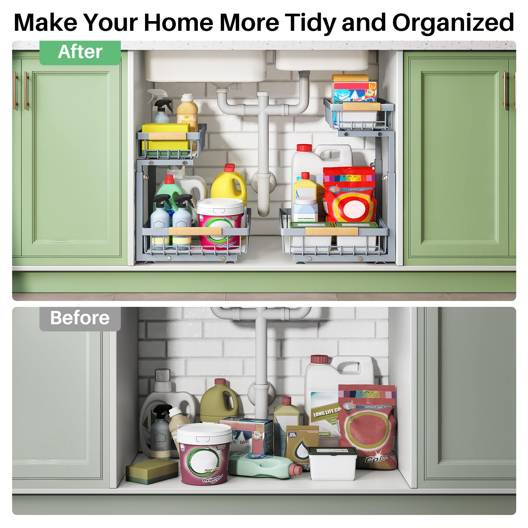 Kitstorack lifestyle kitchen scene illustrating organized cabinet and neatness benefit