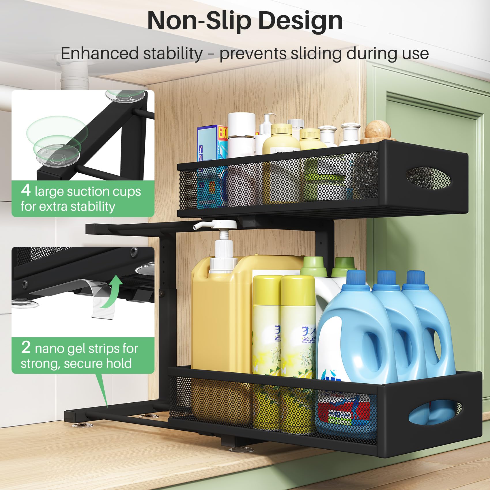 Kitstorack suction cups and nano tapes securing organizer to cabinet