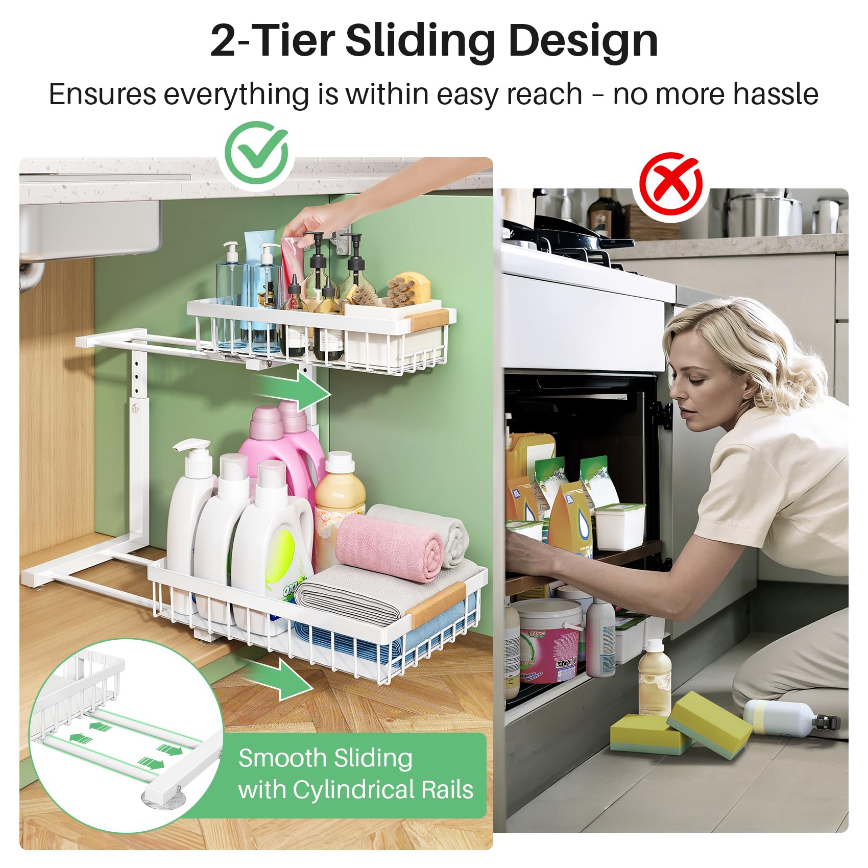 Kitstorack top tier loaded with tall bottles showing efficient vertical storage benefit