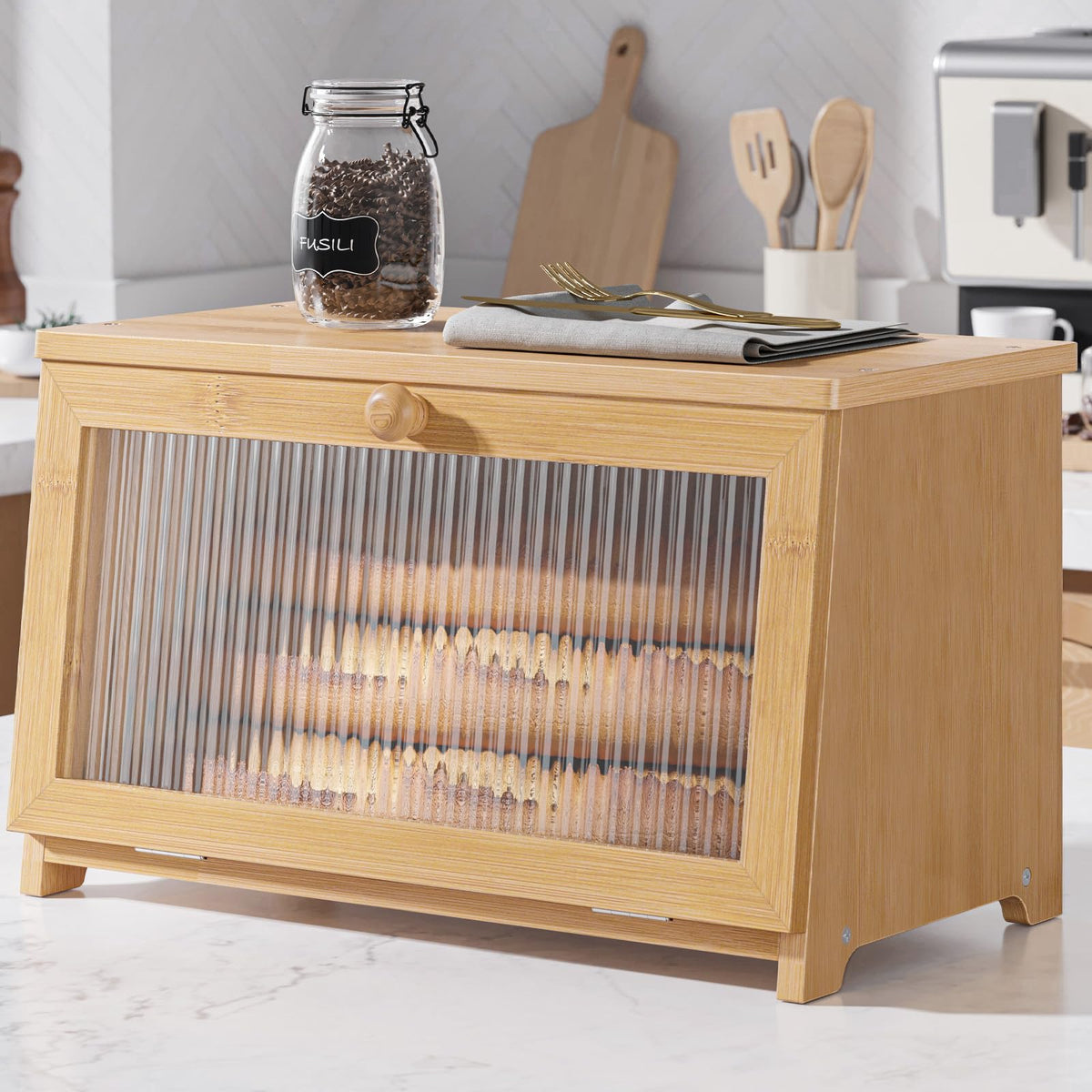 Kitsure bamboo bread box front view showing neat countertop storage benefit