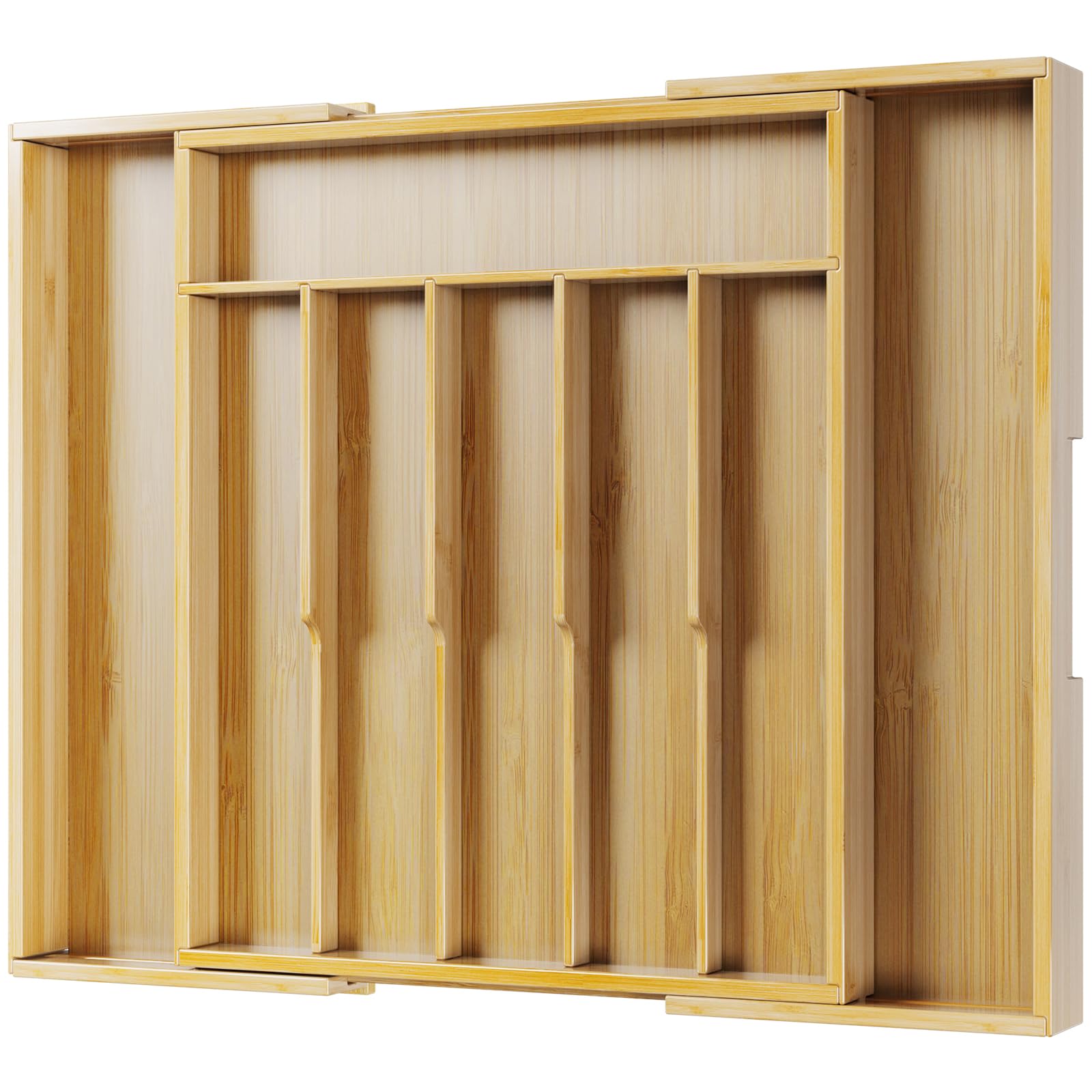 Kitsure bamboo drawer tray front view showing organized utensils and clean storage benefit