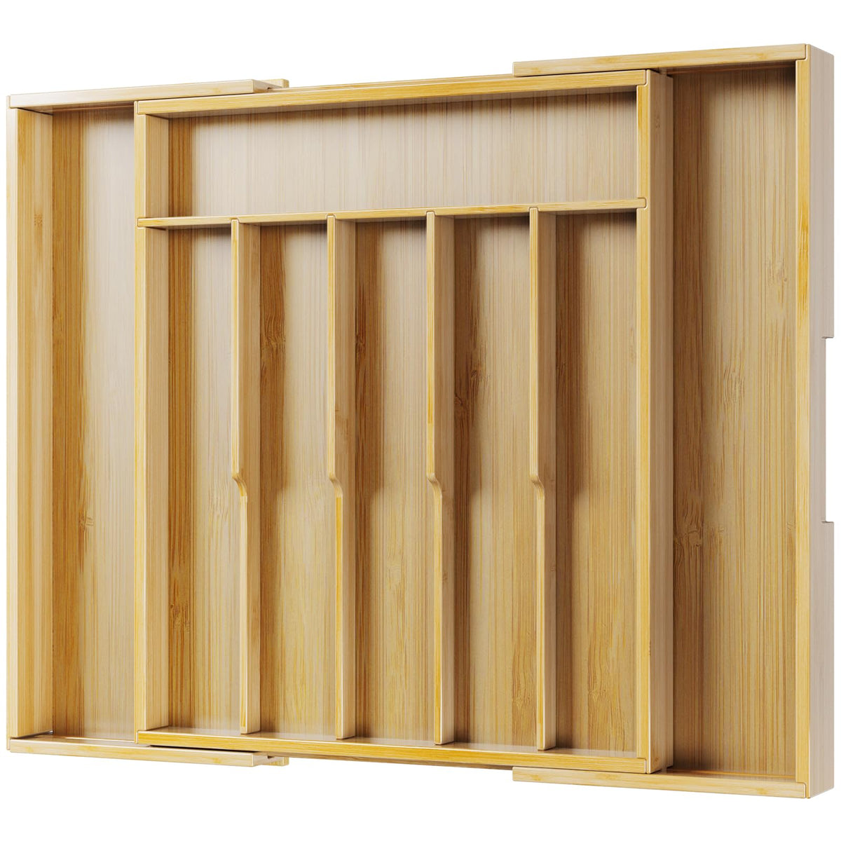 Kitsure bamboo drawer tray front view showing organized utensils and clean storage benefit