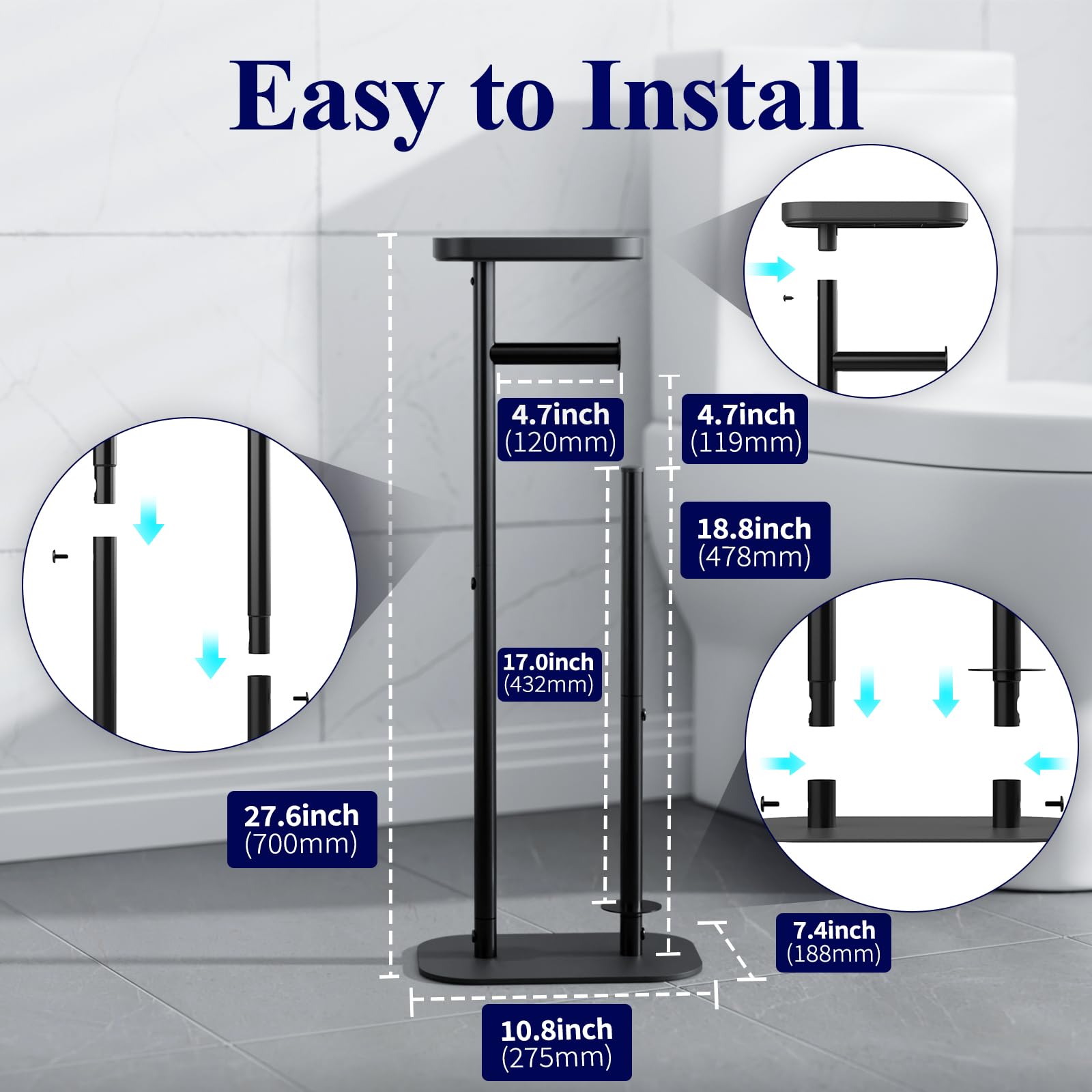 Kitsure close-up of matte black metal shelf and reinforced base, showing rustproof finish and non-slip protection