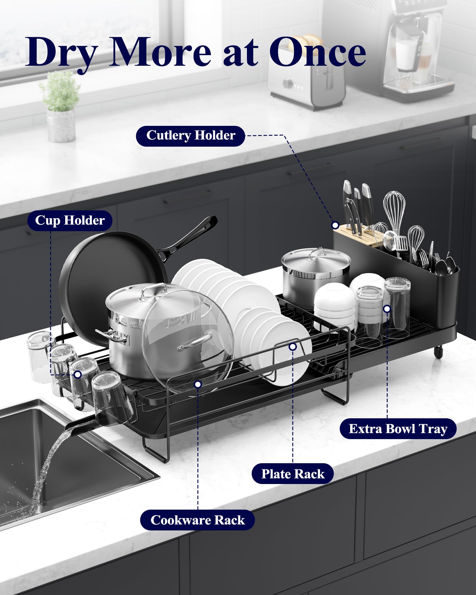 Kitsure rack fully expanded demonstrating adjustable length for wider counters