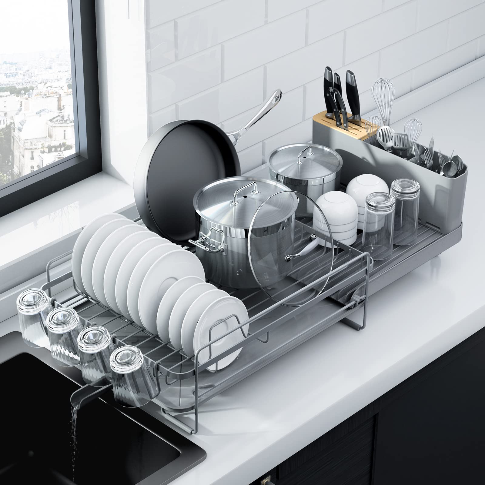 Kitsure extendable dish rack front view showing organized plates and cups benefit: space-saving
