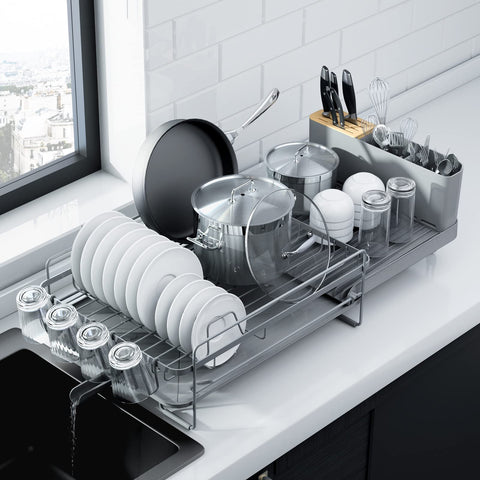 Kitsure extendable dish rack front view showing organized plates and cups benefit: space-saving