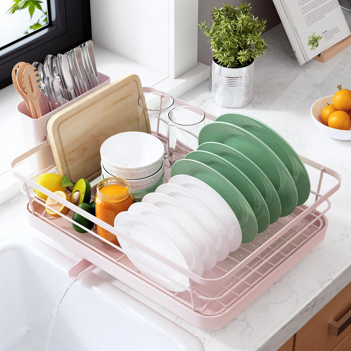 Kitsure dish rack front view on counter showing space-saving benefit