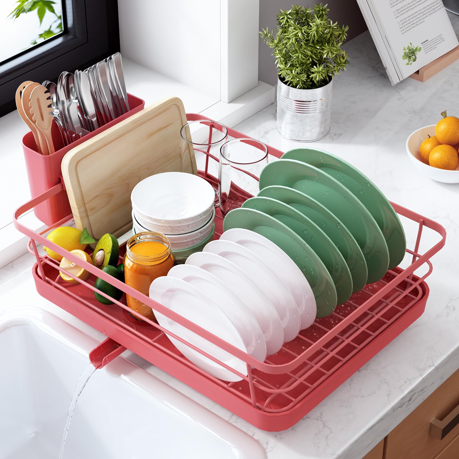 Kitsure red dish drying rack front view on counter showing compact profile and space savings