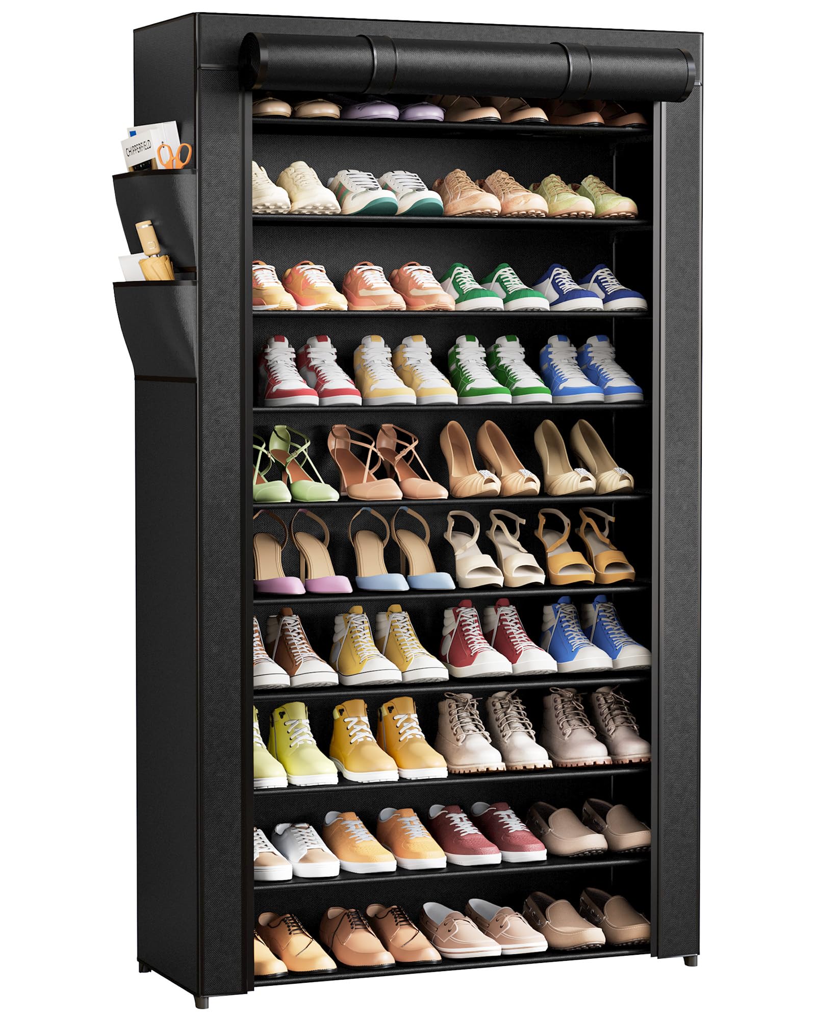 Kitsure front view showing full 10-tier rack and dust cover protecting shoes