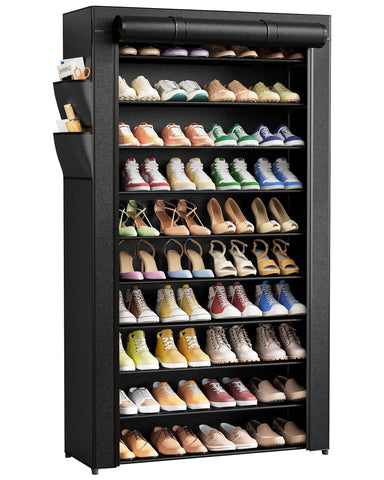 Kitsure front view showing full 10-tier rack and dust cover protecting shoes