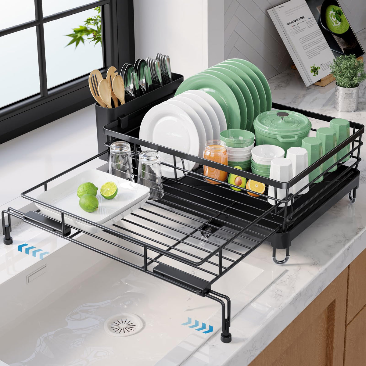 Kitsure front view over-sink rack showing stable layout and space-saving benefit