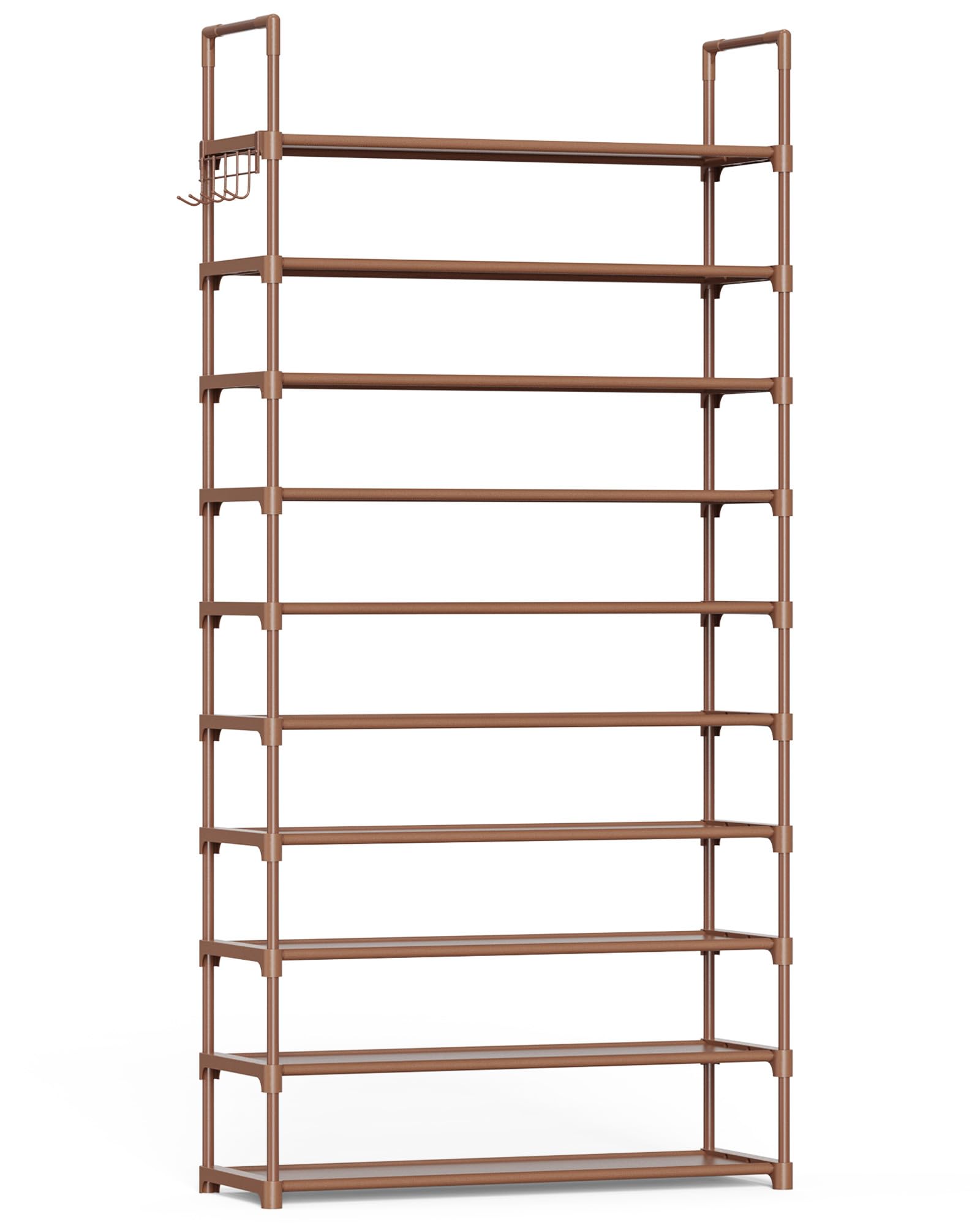 Kitsure front view tall shoe rack showing organized pairs and side hooks for tidy entryway