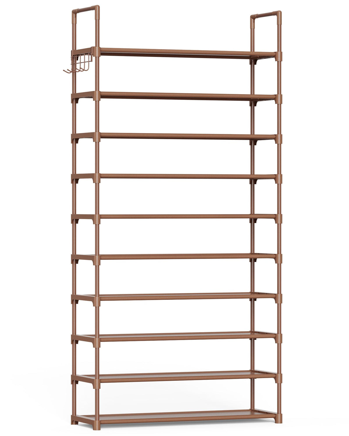 Kitsure front view tall shoe rack showing organized pairs and side hooks for tidy entryway