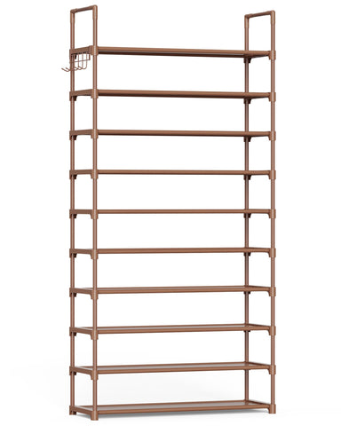 Kitsure front view tall shoe rack showing organized pairs and side hooks for tidy entryway